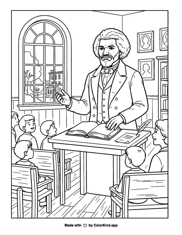 Frederick Douglass as clean black-and-white printable line art made by ColorKind