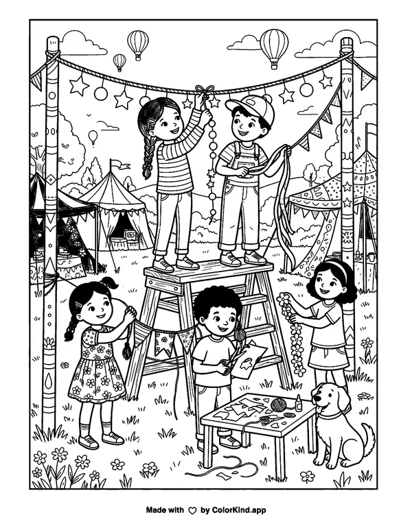 Friends hanging handmade decorations at a cheerful outdoor festival as clean black-and-white printable line art made by ColorKind