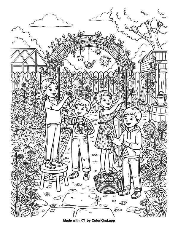 Friends hanging handmade decorations in a lively community garden as clean black-and-white printable line art made by ColorKind
