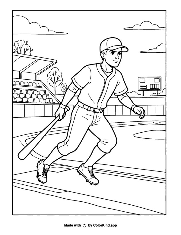 Baseball player running with a bat as clean black-and-white printable line art made by ColorKind