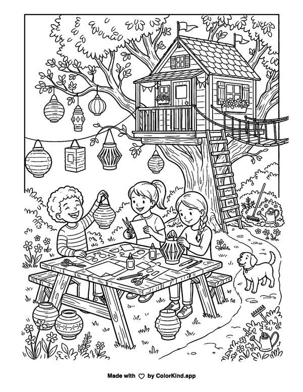 Friends making paper lanterns near a cozy treehouse as clean black-and-white printable line art made by ColorKind