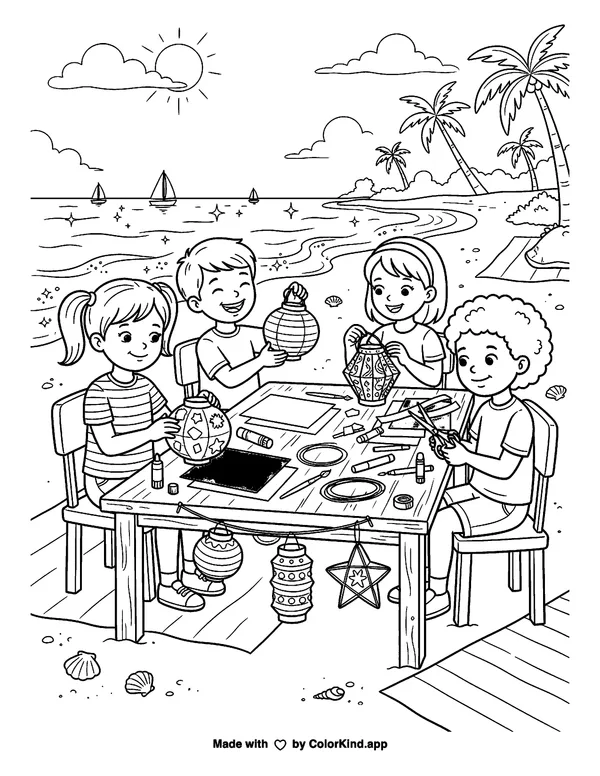 Friends making paper lanterns near a sunny beach as clean black-and-white printable line art made by ColorKind