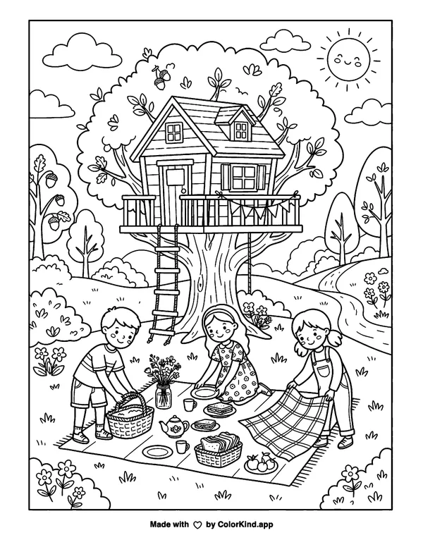 Friends setting up a festive picnic near a cozy treehouse as clean black-and-white printable line art made by ColorKind