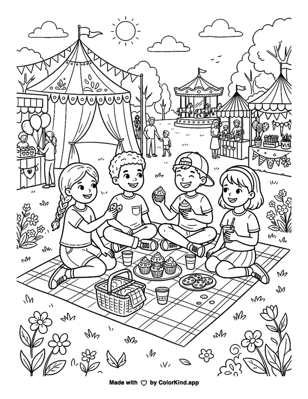 Friends sharing homemade treats at a cheerful outdoor festival as clean black-and-white printable line art made by ColorKind