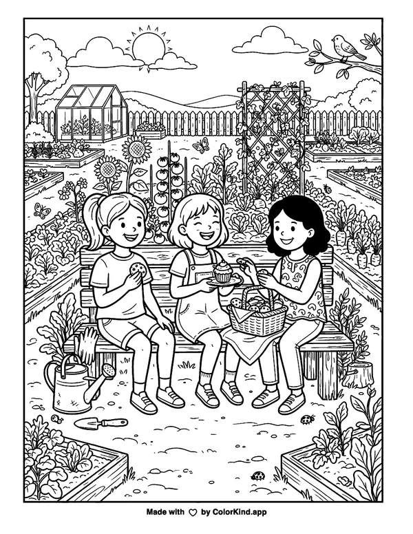 Friends sharing homemade treats in a lively community garden as clean black-and-white printable line art made by ColorKind