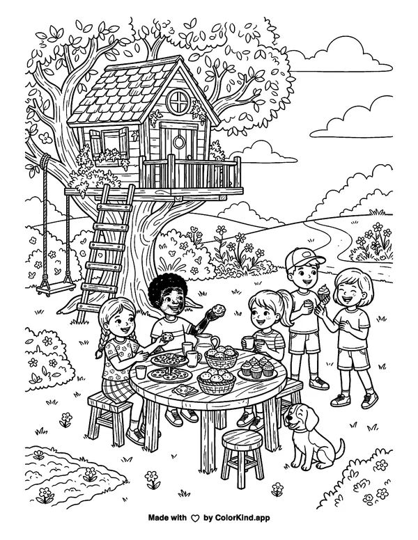 Friends sharing homemade treats near a cozy treehouse as clean black-and-white printable line art made by ColorKind