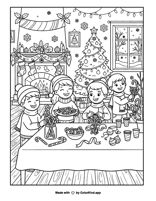 Friends wrapping thoughtful gifts at a cheerful outdoor festival as clean black-and-white printable line art made by ColorKind