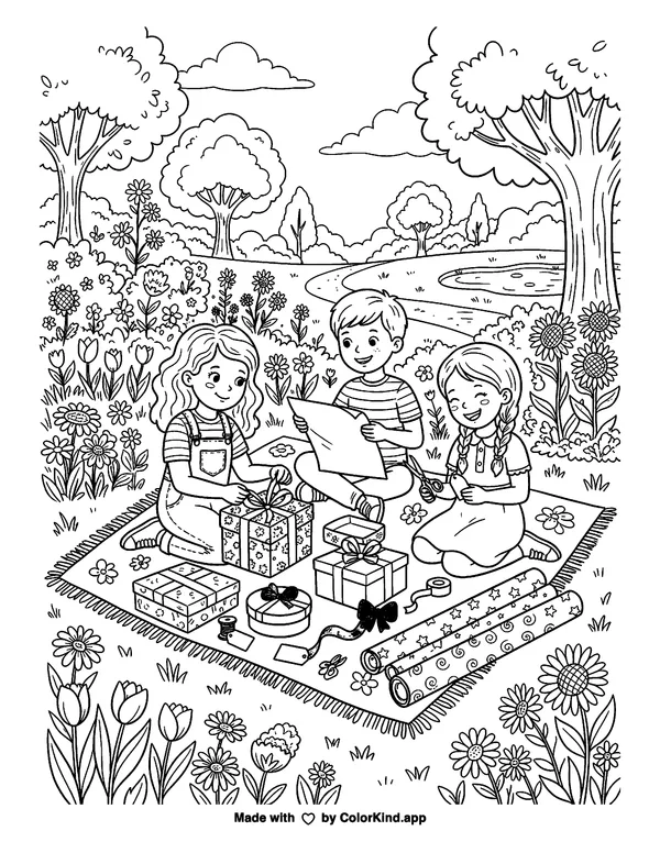 Friends wrapping thoughtful gifts in a flower-filled park as clean black-and-white printable line art made by ColorKind