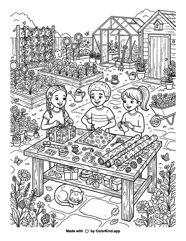 Friends wrapping thoughtful gifts in a lively community garden as clean black-and-white printable line art made by ColorKind
