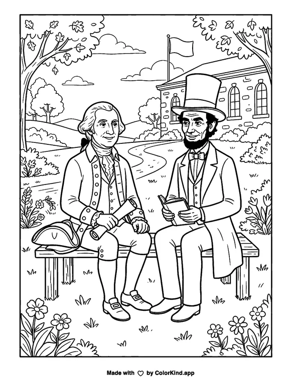 George Washington and Abraham Lincoln as clean black-and-white printable line art made by ColorKind