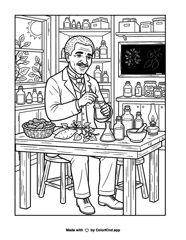 George Washington Carver as clean black-and-white printable line art made by ColorKind