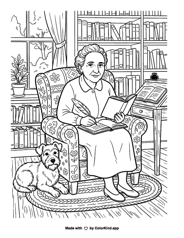 Gertrude Stein as clean black-and-white printable line art made by ColorKind