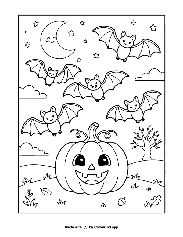 Halloween Bats as clean black-and-white printable line art made by ColorKind
