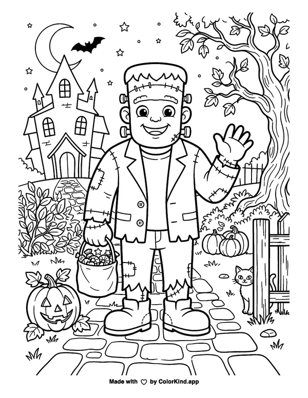 Halloween Frankenstein as clean black-and-white printable line art made by ColorKind
