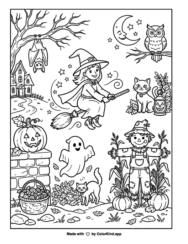 Halloween Icons as clean black-and-white printable line art made by ColorKind