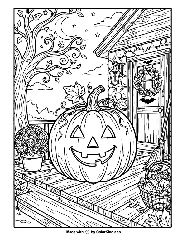 Halloween Jack-o'-Lantern as clean black-and-white printable line art made by ColorKind