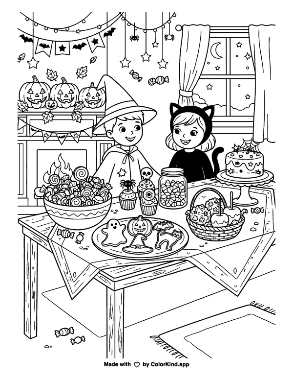 Halloween Treats as clean black-and-white printable line art made by ColorKind