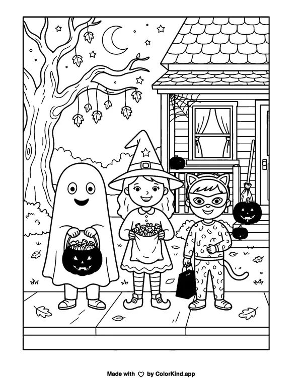 Halloween Trick-or-Treaters as clean black-and-white printable line art made by ColorKind