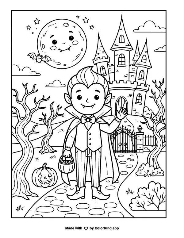 Halloween Vampire as clean black-and-white printable line art made by ColorKind