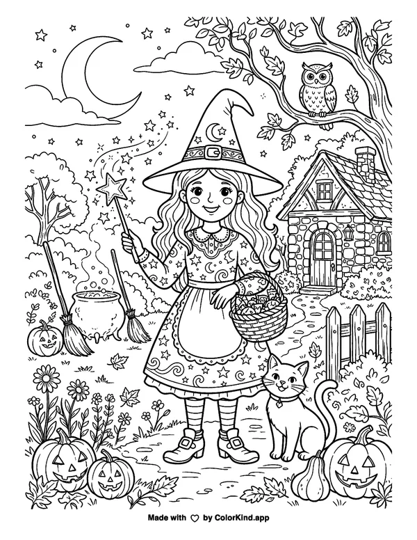 Halloween Witch as clean black-and-white printable line art made by ColorKind