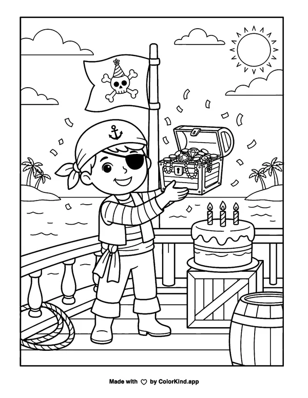 Happy Birthday Pirate as clean black-and-white printable line art made by ColorKind