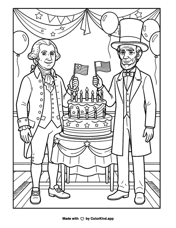 Happy Birthday, Presidents Washington and Lincoln as clean black-and-white printable line art made by ColorKind