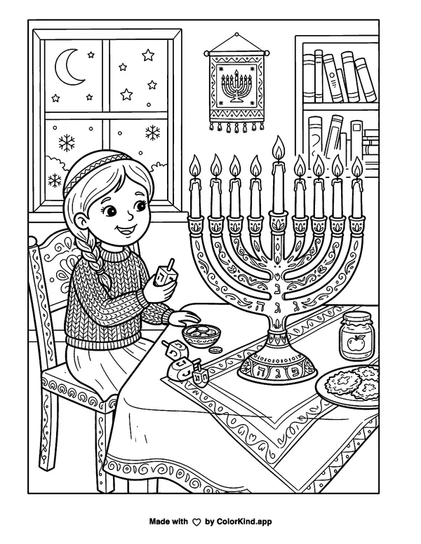 Happy Hanukkah Menorah as clean black-and-white printable line art made by ColorKind