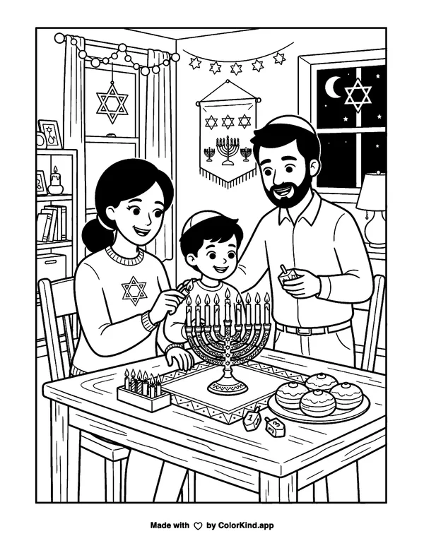 Happy Hanukkah as clean black-and-white printable line art made by ColorKind
