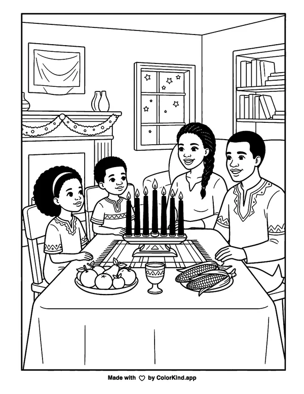 Happy Kwanzaa as clean black-and-white printable line art made by ColorKind