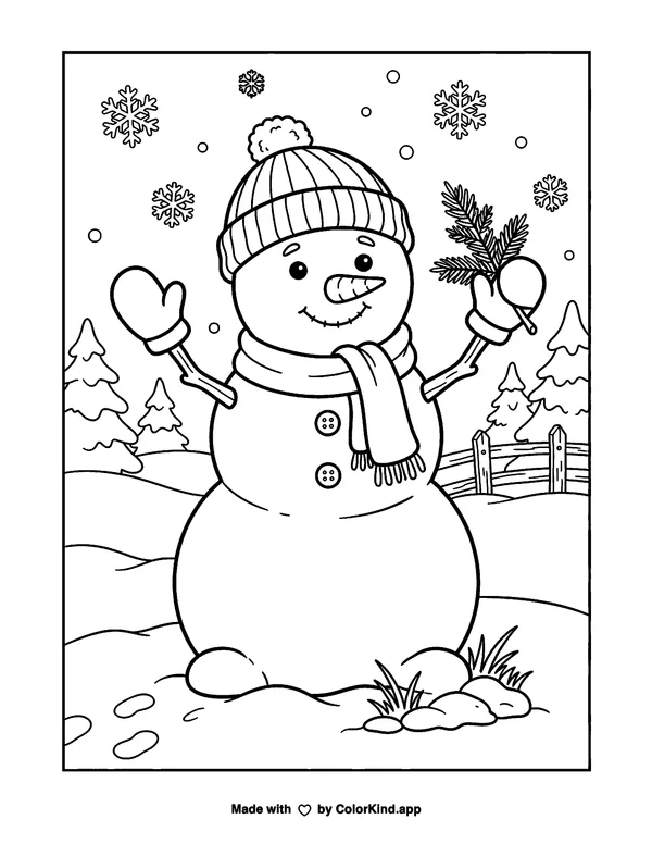 Happy Little Snowman as clean black-and-white printable line art made by ColorKind