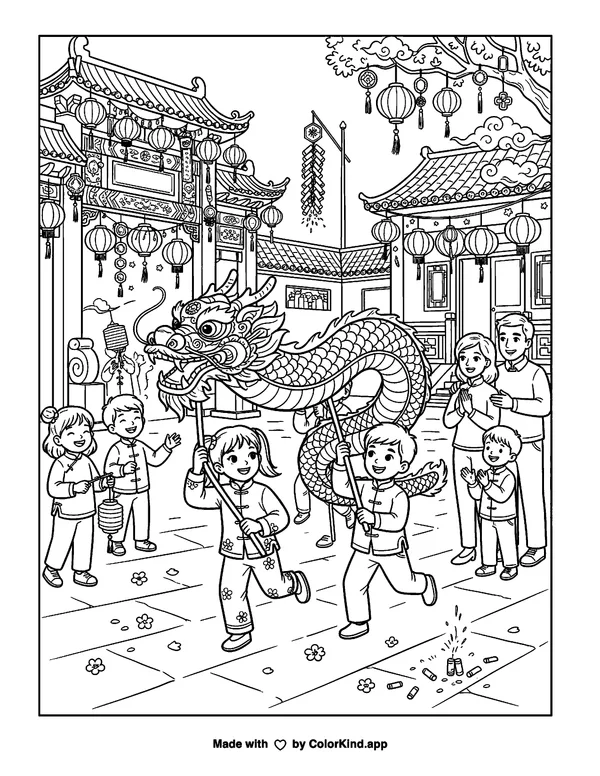 Happy Lunar New Year as clean black-and-white printable line art made by ColorKind