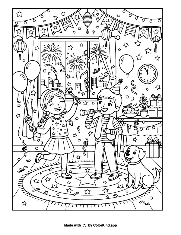 Happy New Year as clean black-and-white printable line art made by ColorKind