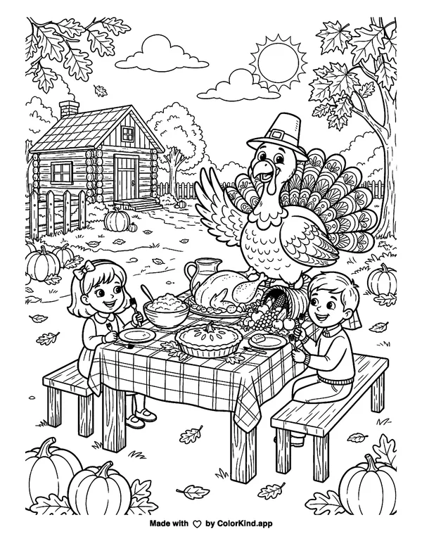 Happy Turkey Day as clean black-and-white printable line art made by ColorKind
