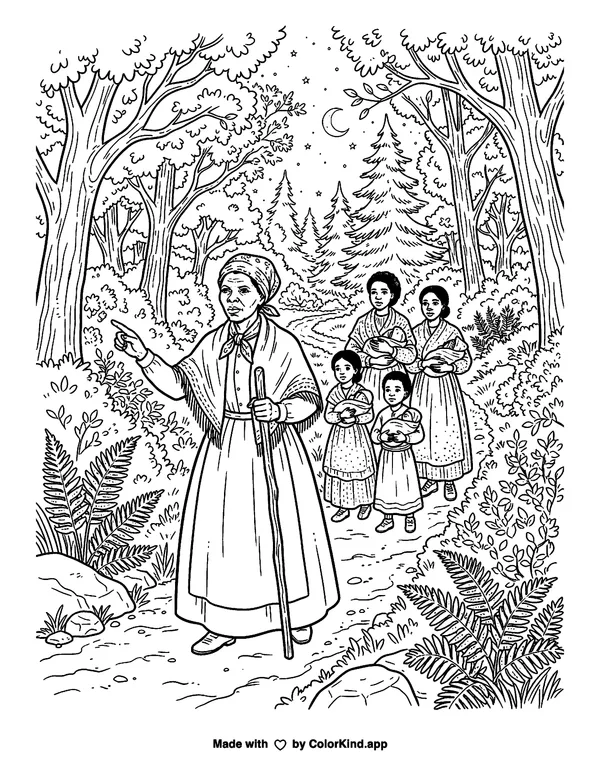 Harriet Tubman as clean black-and-white printable line art made by ColorKind