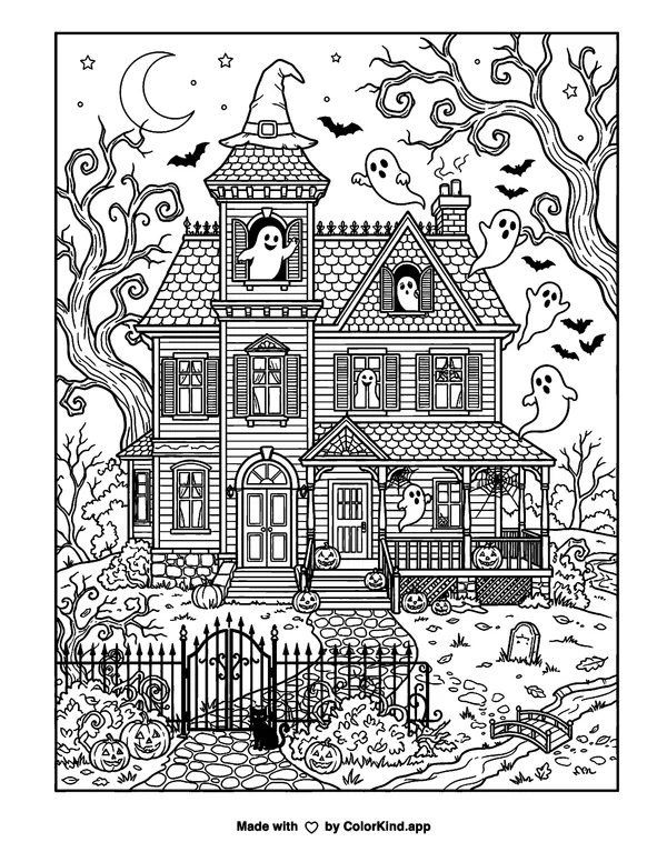 Haunted House as clean black-and-white printable line art made by ColorKind