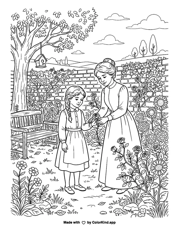 Helen Keller as clean black-and-white printable line art made by ColorKind