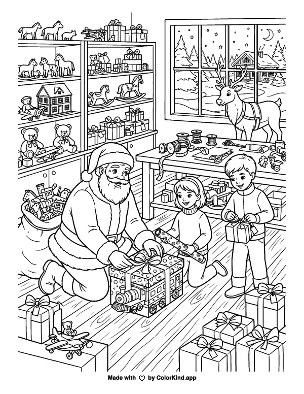 Helping Santa as clean black-and-white printable line art made by ColorKind