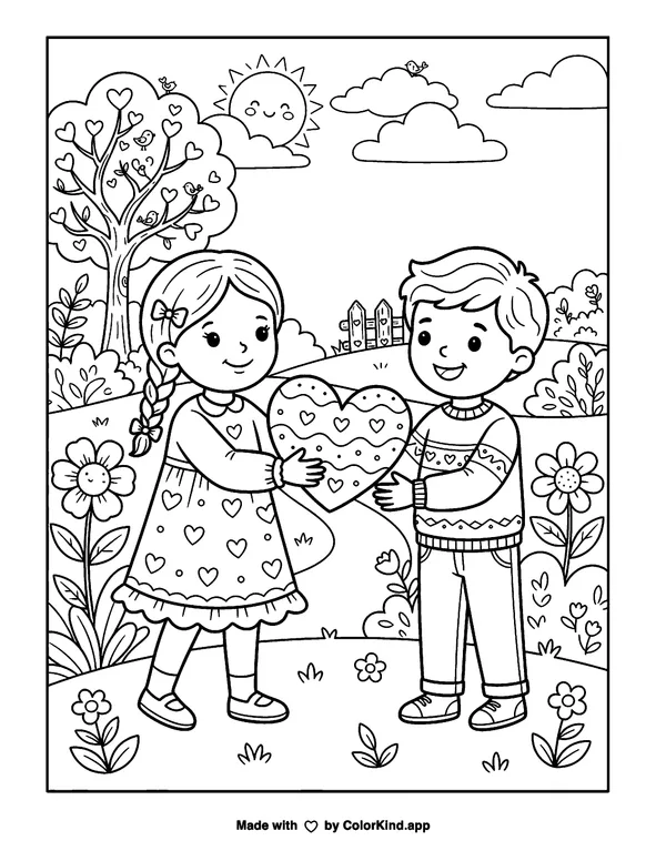 Here's My Heart Valentine as clean black-and-white printable line art made by ColorKind
