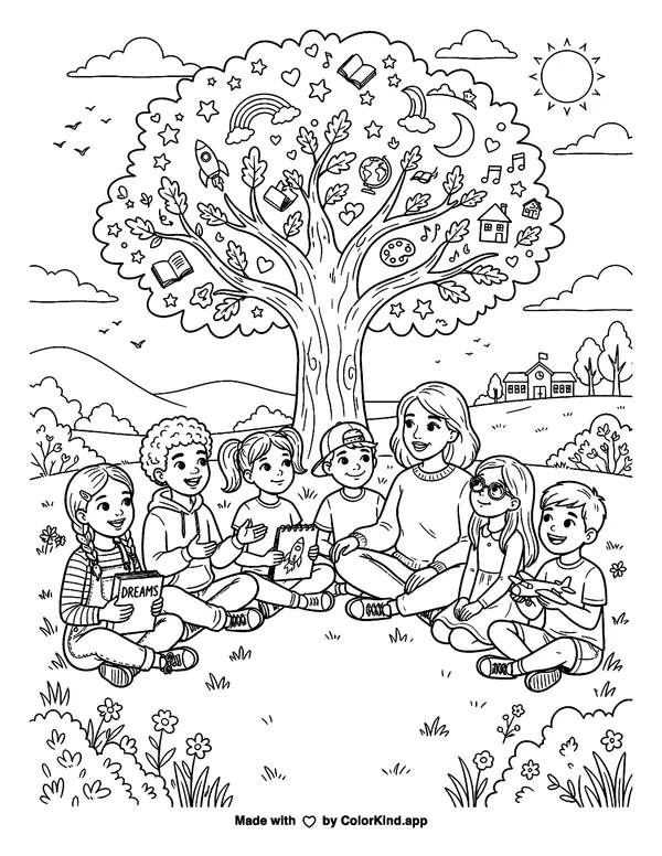 Teacher and Students Reading Under a Tree as clean black-and-white printable line art made by ColorKind