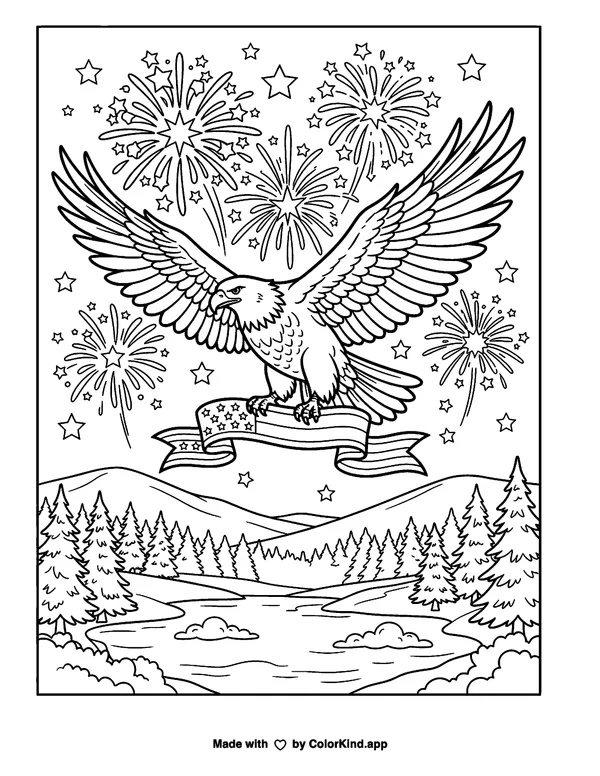 Independence Day Eagle as clean black-and-white printable line art made by ColorKind