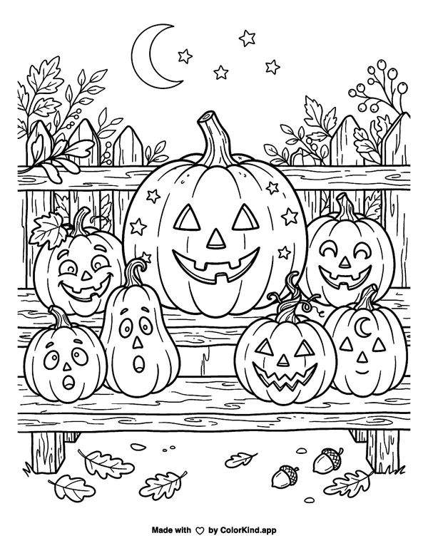 Jack O' Lanterns as clean black-and-white printable line art made by ColorKind