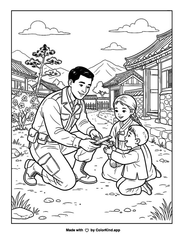 Korean American Soldier Young Oak Kim as clean black-and-white printable line art made by ColorKind