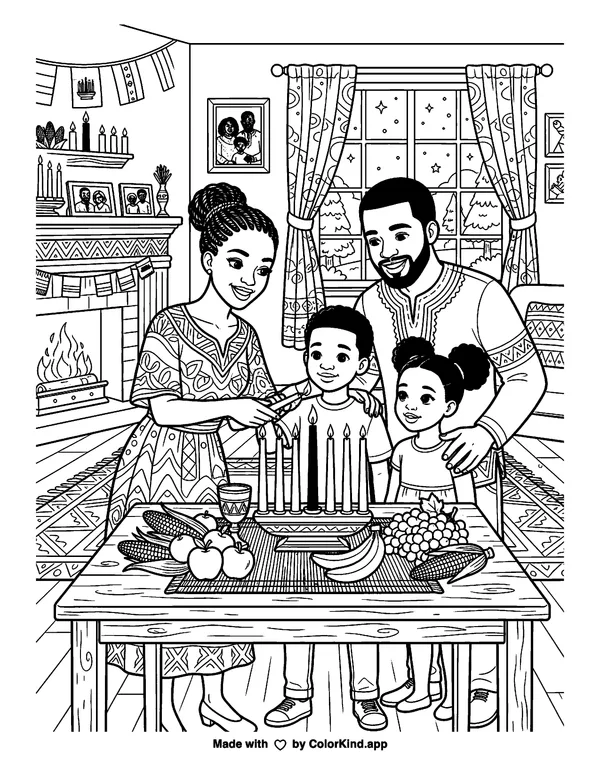 Kwanzaa Mishumaa Saba as clean black-and-white printable line art made by ColorKind