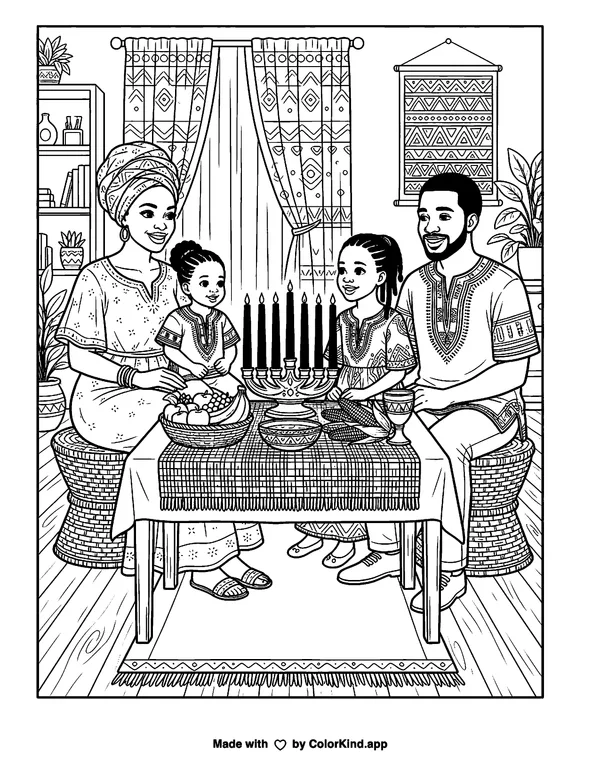 Kwanzaa as clean black-and-white printable line art made by ColorKind