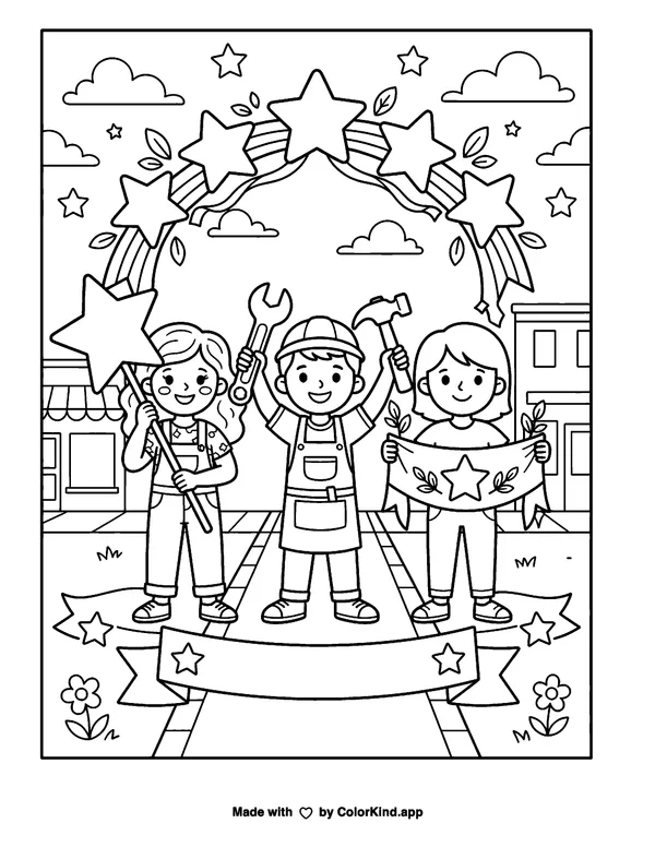 Labor Day Stars and Tools as clean black-and-white printable line art made by ColorKind