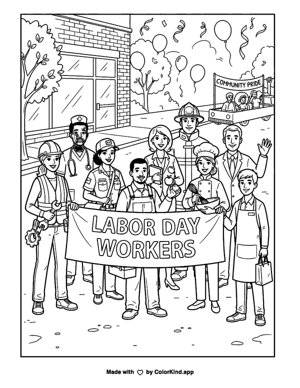 Labor Day Workers as clean black-and-white printable line art made by ColorKind