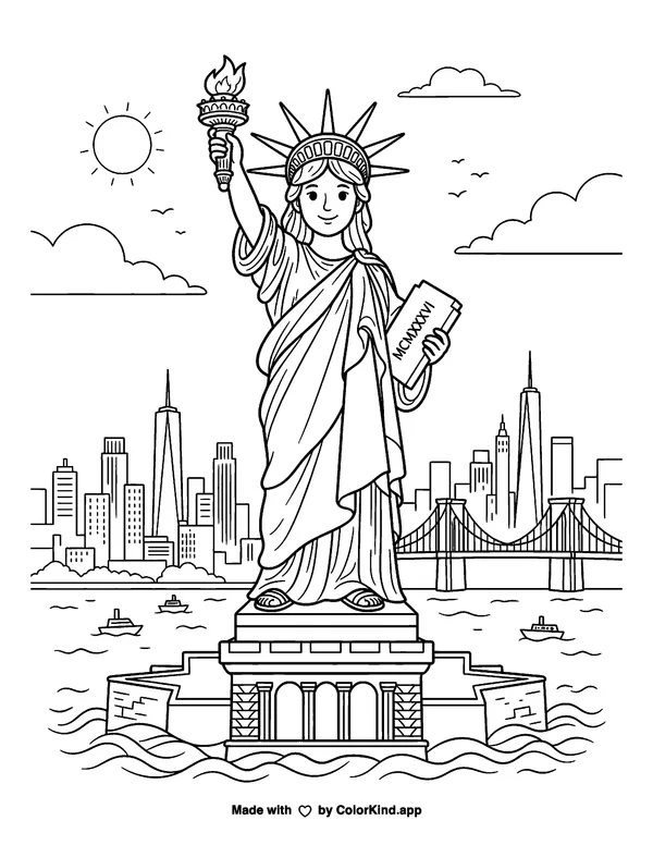 Lady Liberty as clean black-and-white printable line art made by ColorKind