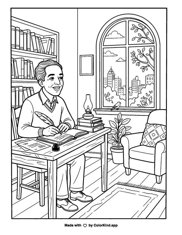 Langston Hughes as clean black-and-white printable line art made by ColorKind
