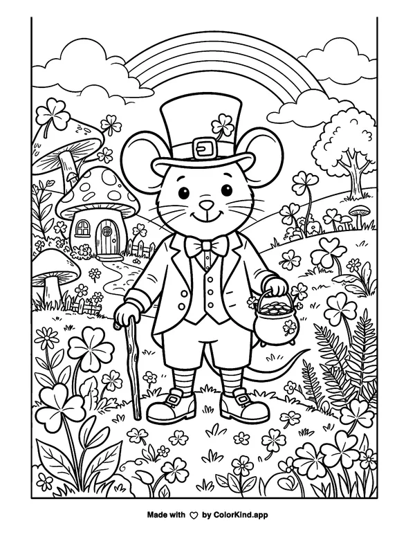 Leprechaun Mouse as clean black-and-white printable line art made by ColorKind