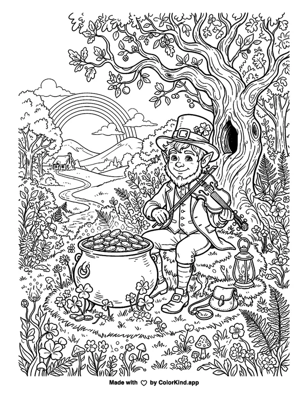 Leprechaun's Pot of Gold as clean black-and-white printable line art made by ColorKind